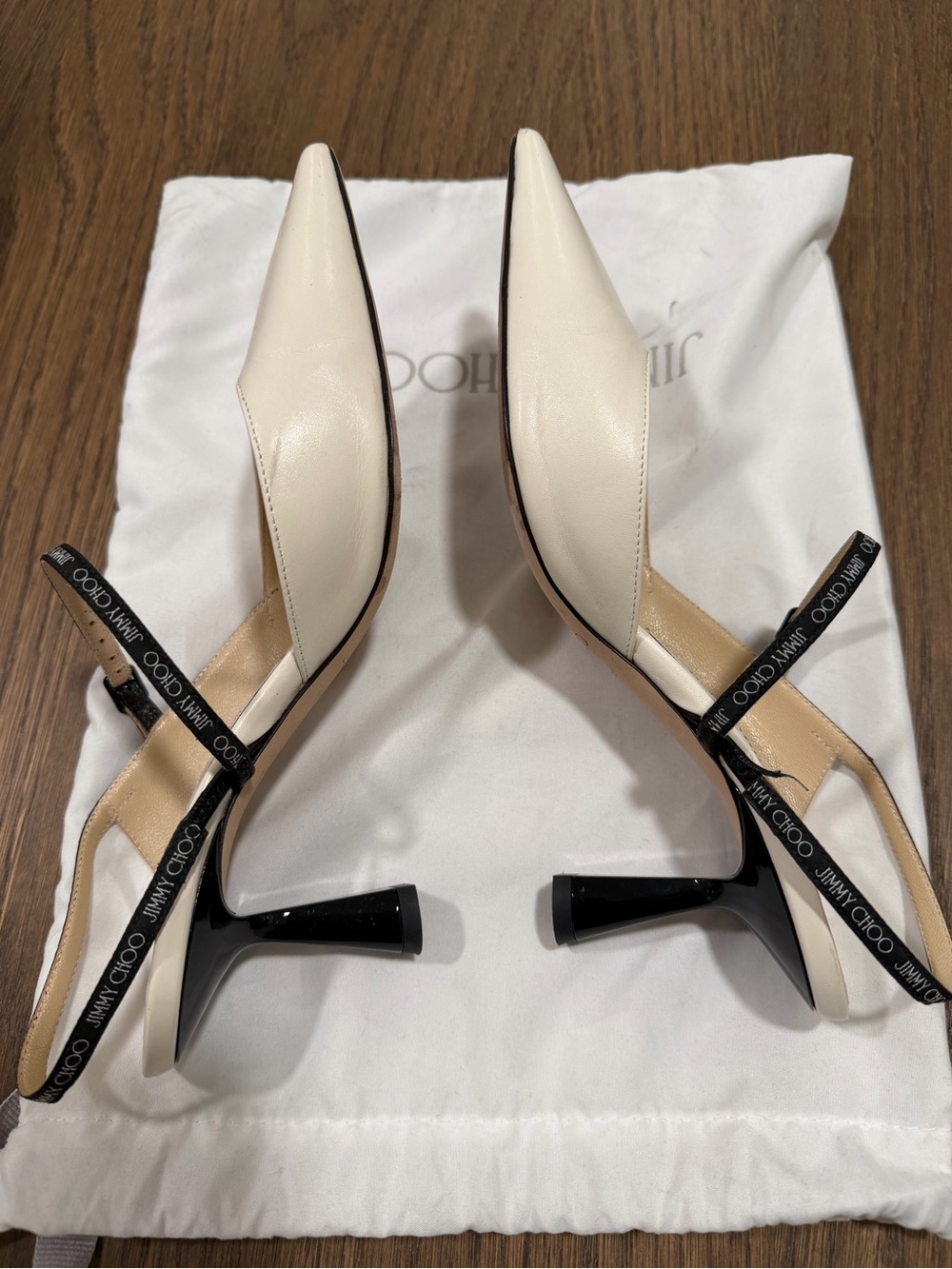 Jimmy Choo Ivory Pointed Slingback Pumps with Black Heel Straps